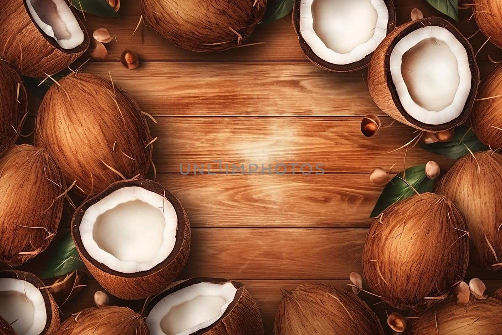 Whole and halved coconuts on a wooden surface. by Hype2art