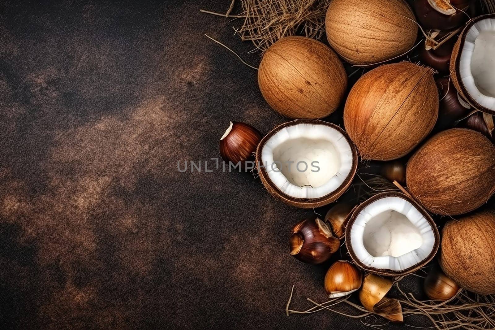 Assortment of whole and halved nuts with hard shells on a textured background.