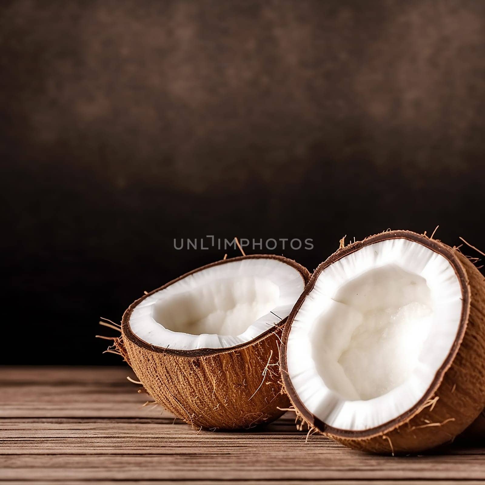 Two halved coconuts on a wooden surface with dark background