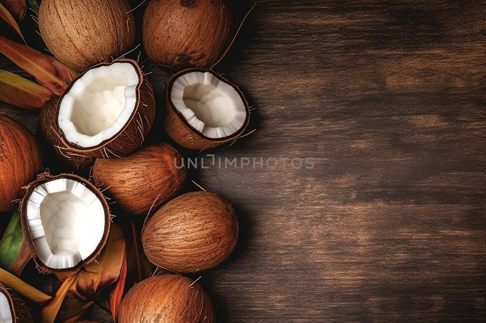 Fresh coconuts split open on wooden surface with tropical leaves.