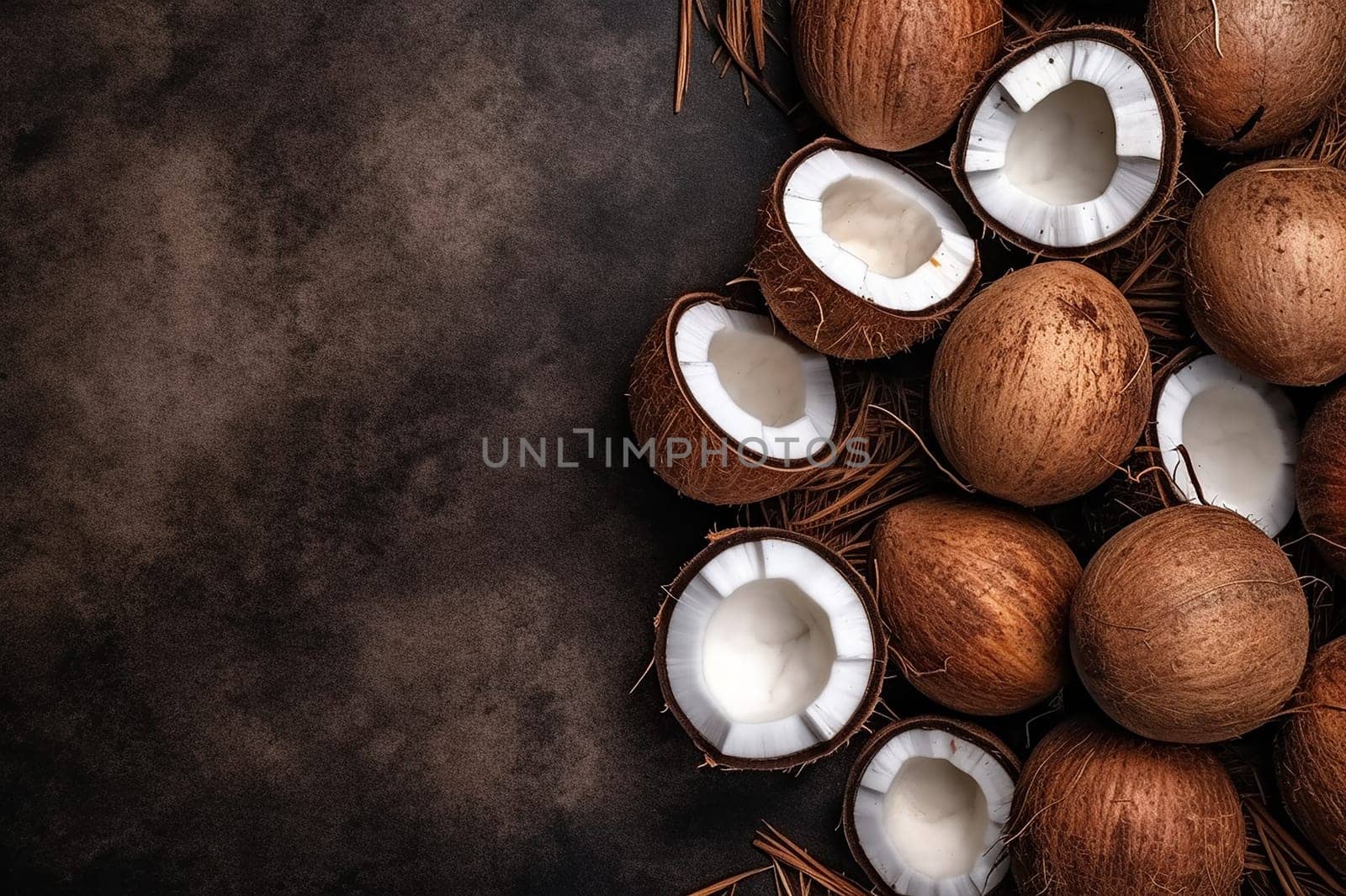 Halved and whole coconuts on dark textured background.