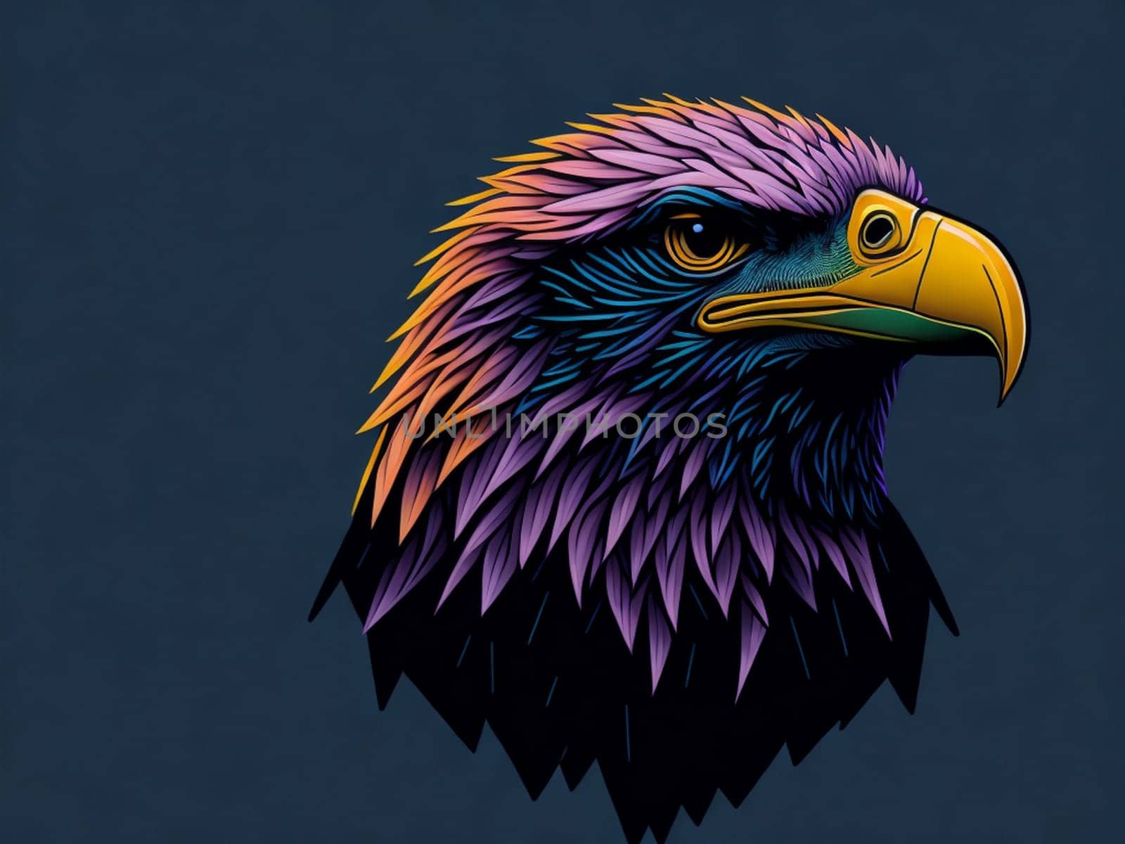 AI generate minimalistic portrait of an isolated head of a bald eagle on a dark background.