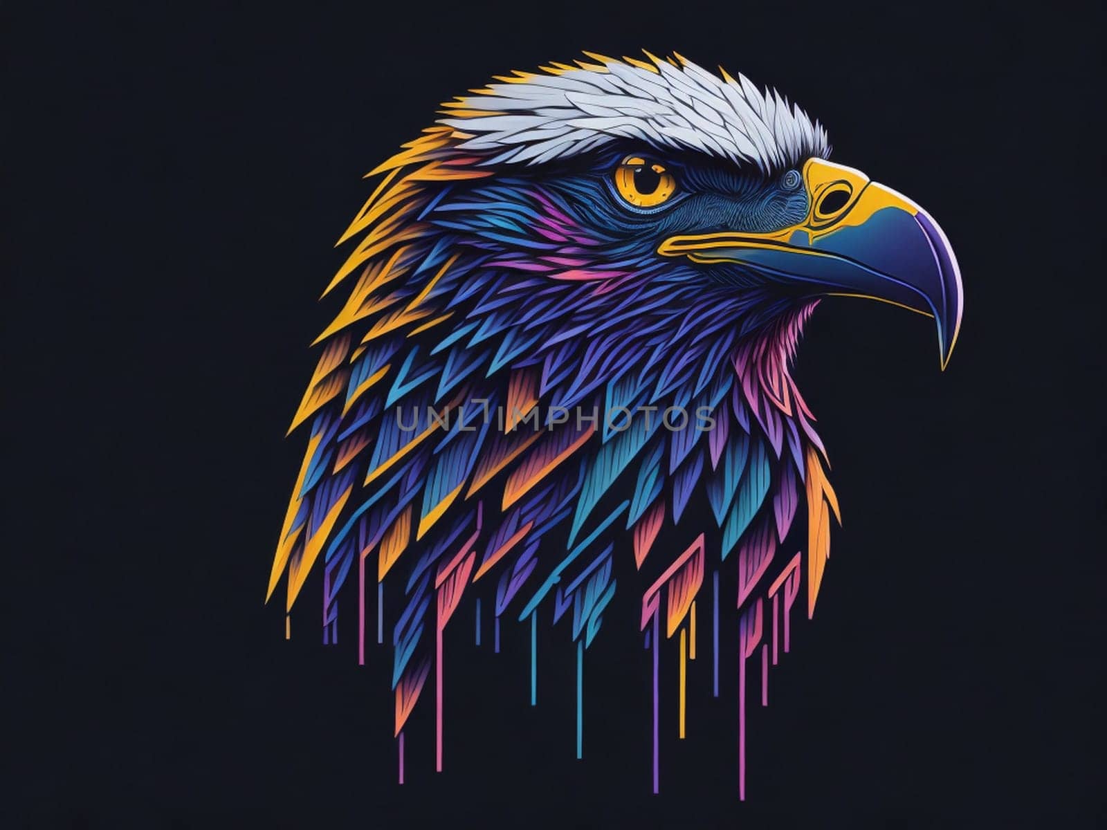 AI generate minimalistic portrait of an isolated head of a bald eagle on a dark background.