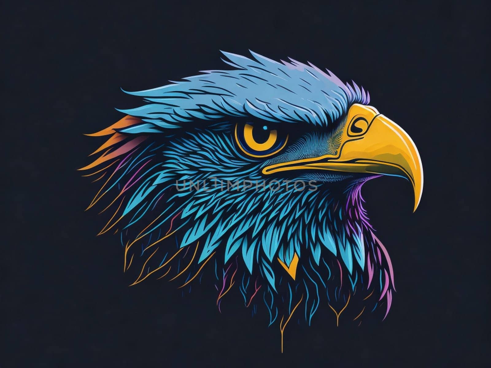 AI generate minimalistic portrait of an isolated head of a bald eagle on a dark background.