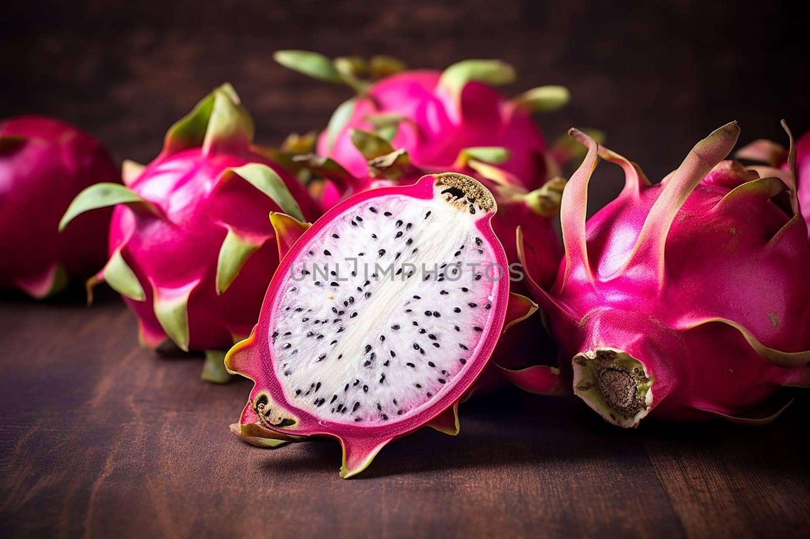 Vibrant dragon fruit sliced open to reveal black-seeded white flesh on a wooden surface.