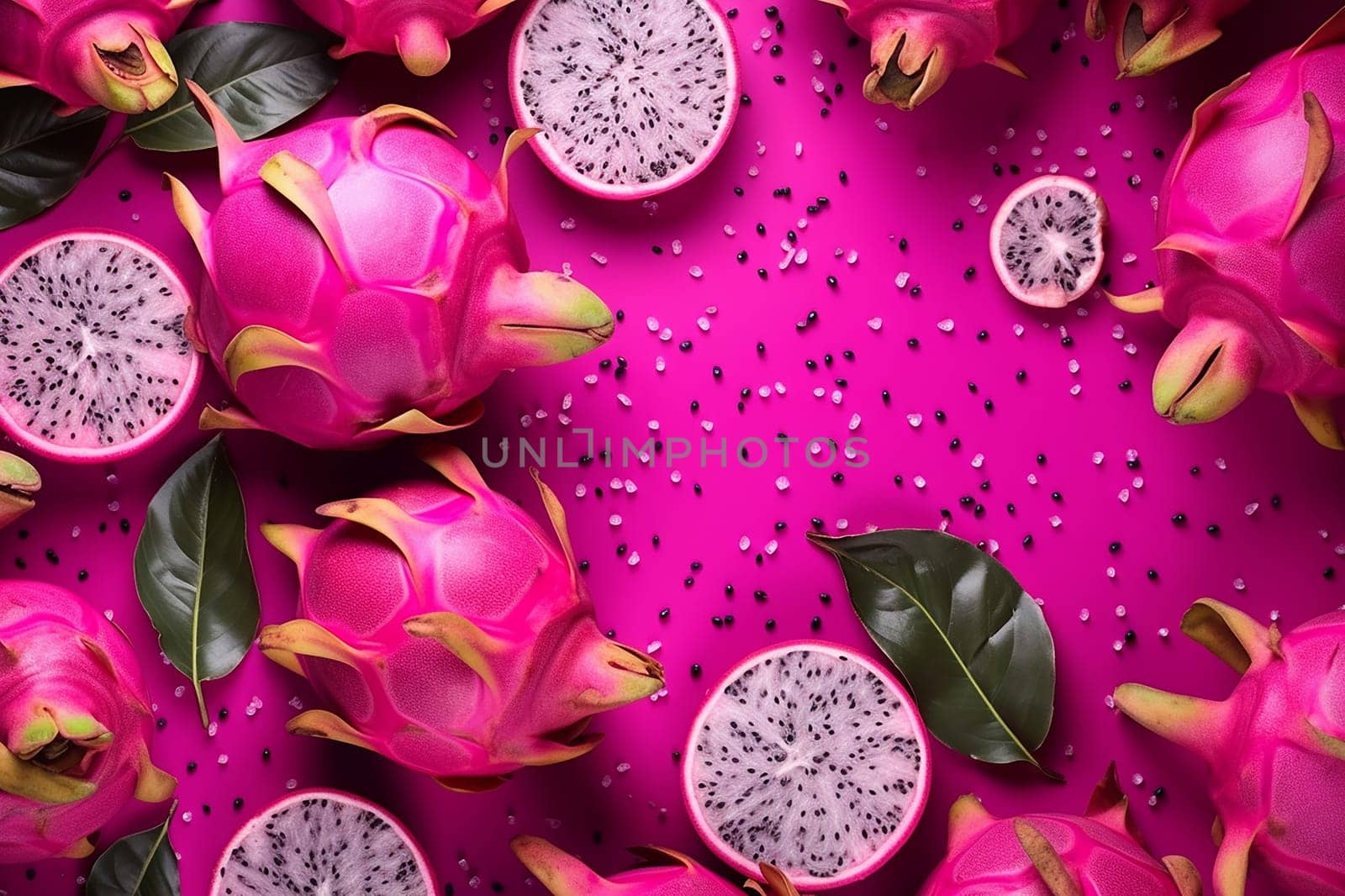 Vibrant pink dragon fruits against a bold background, halved and whole, with scattered seeds.