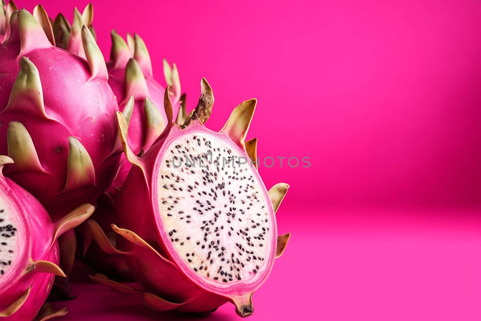 Sliced dragon fruit on vibrant pink background, showcasing black seeds and white flesh.