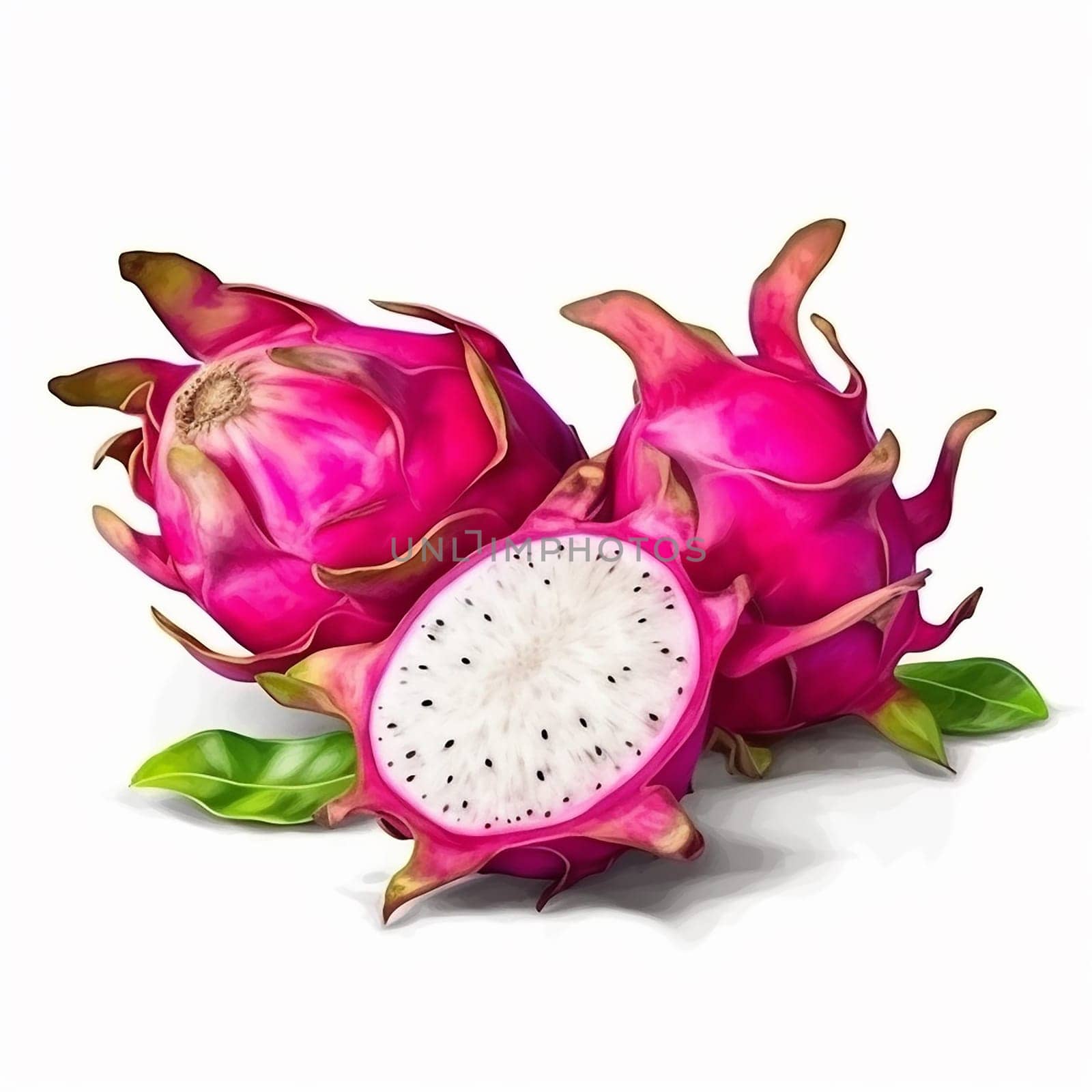 Pink-skinned fruit with white flesh and black seeds, cut and whole.