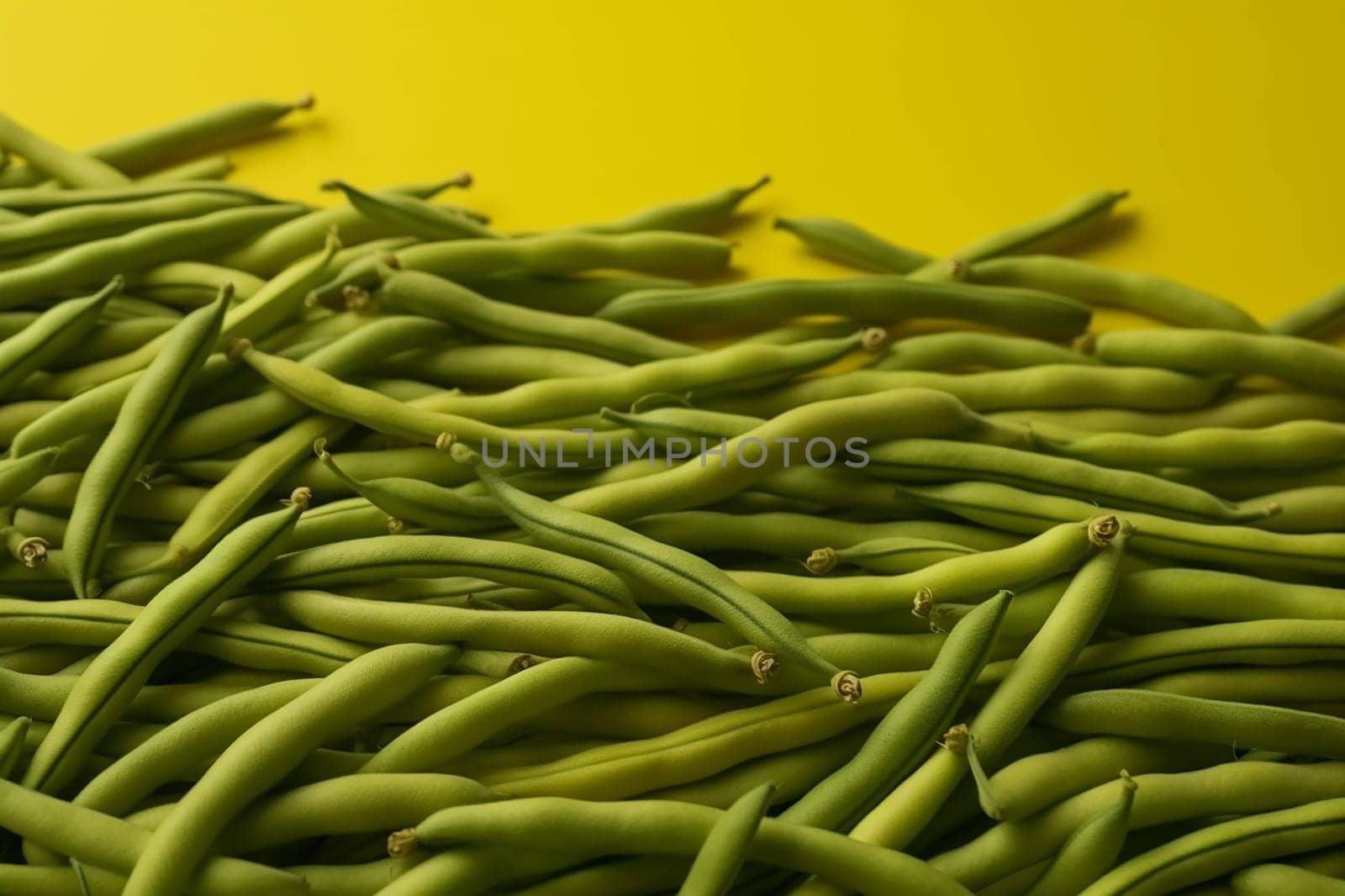 A pile of fresh green beans against a yellow background.