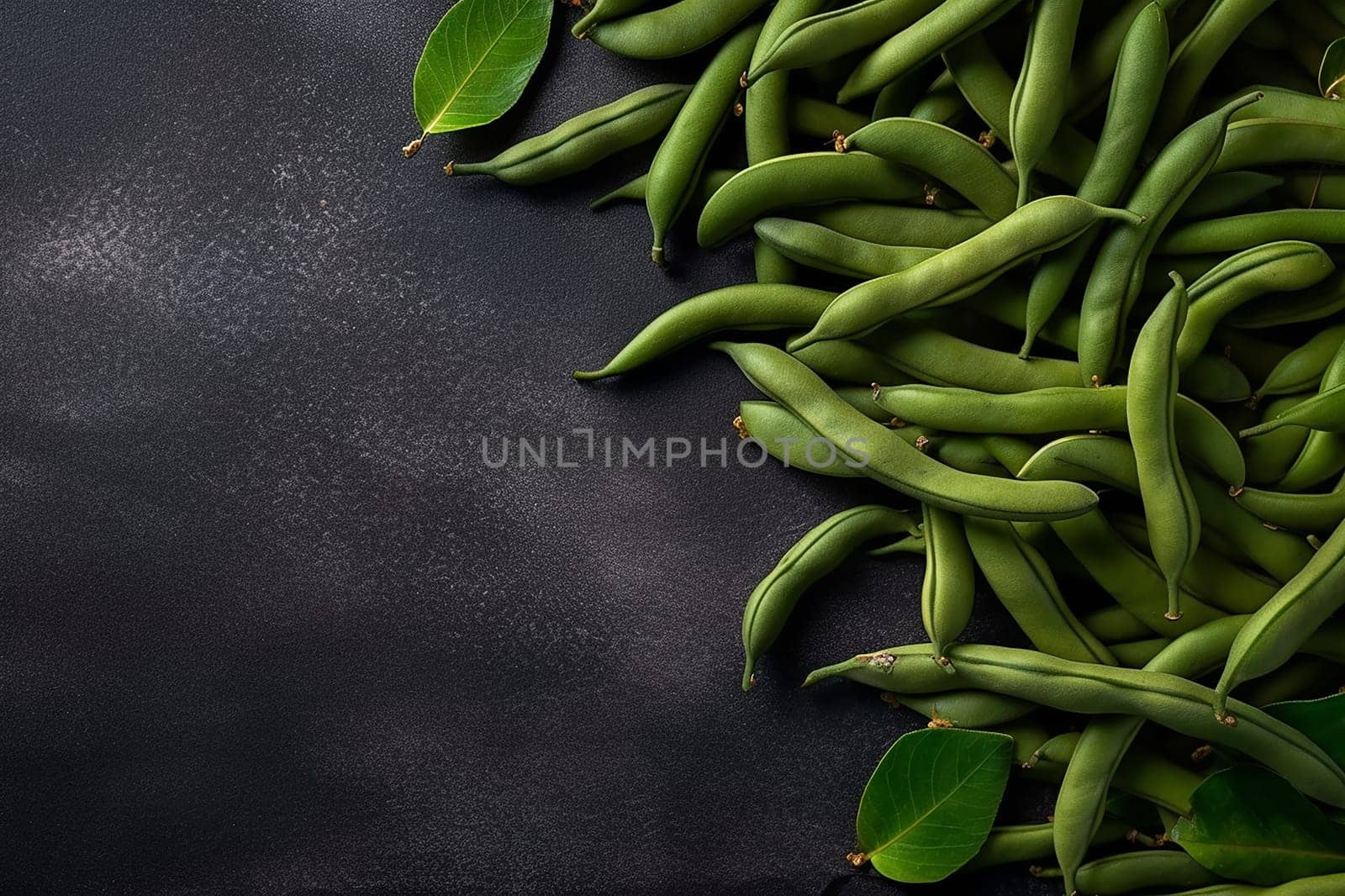 Fresh green beans arranged on a dark surface with leaves.
