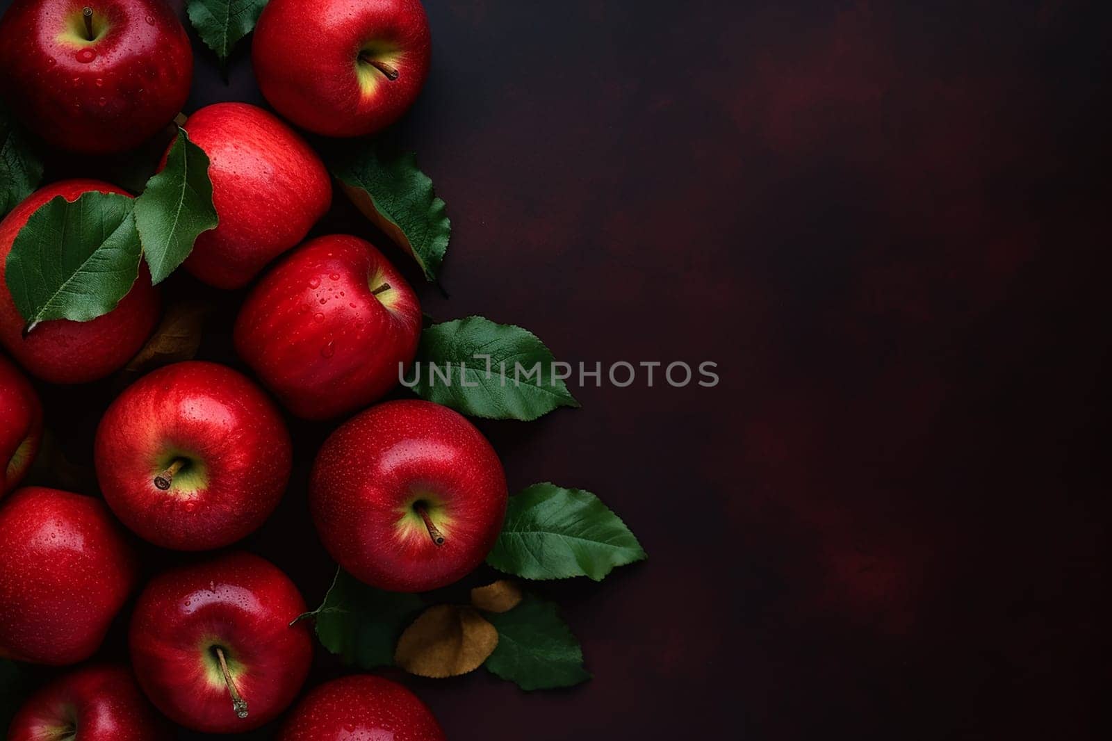 Fresh red apples with leaves on dark background.