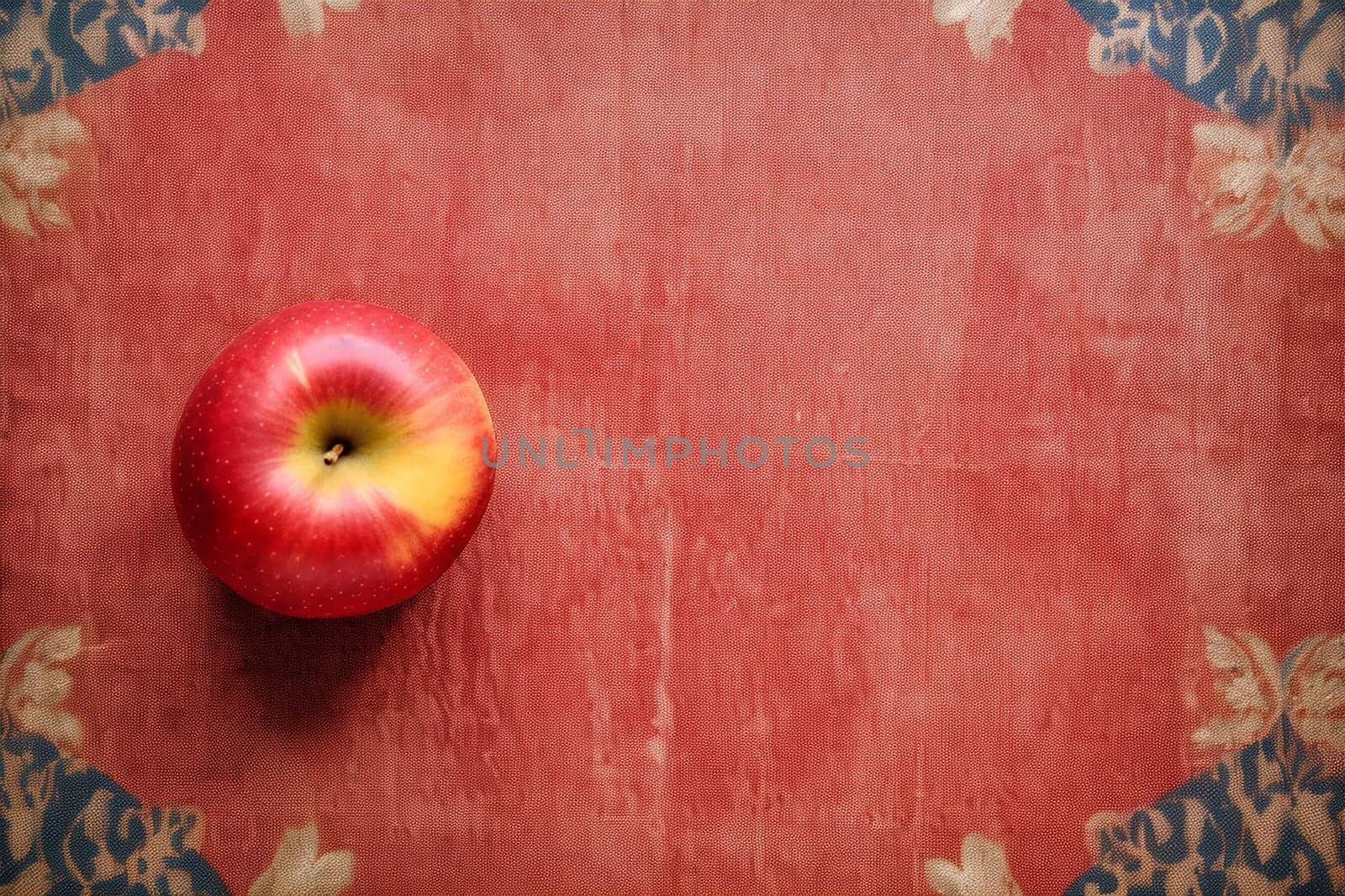 A red apple sits center on a textured red background with floral patterns.