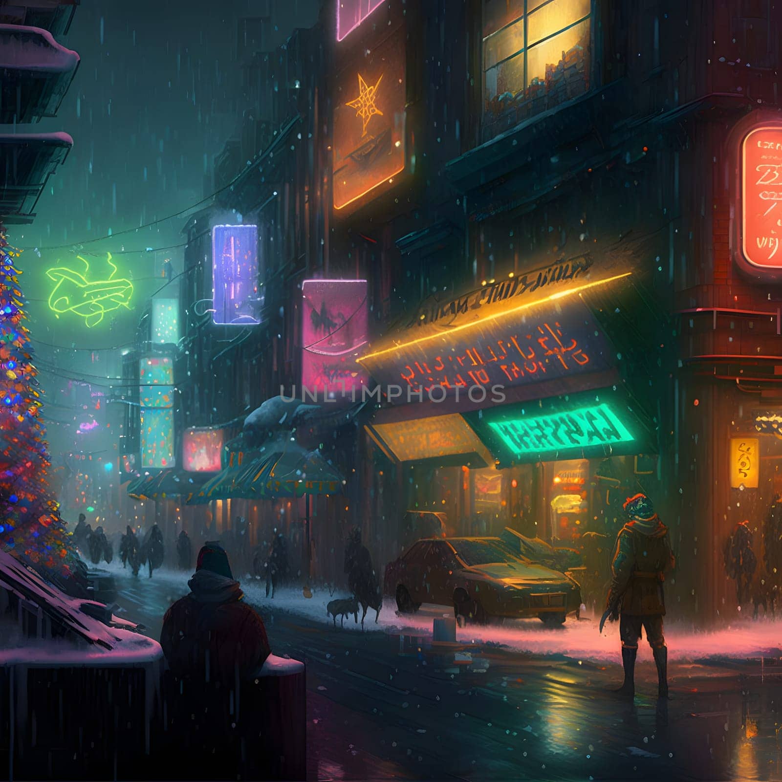 christmas night in cyberpunk city, neural network generated art. Digitally generated image. Not based on any actual scene or pattern.