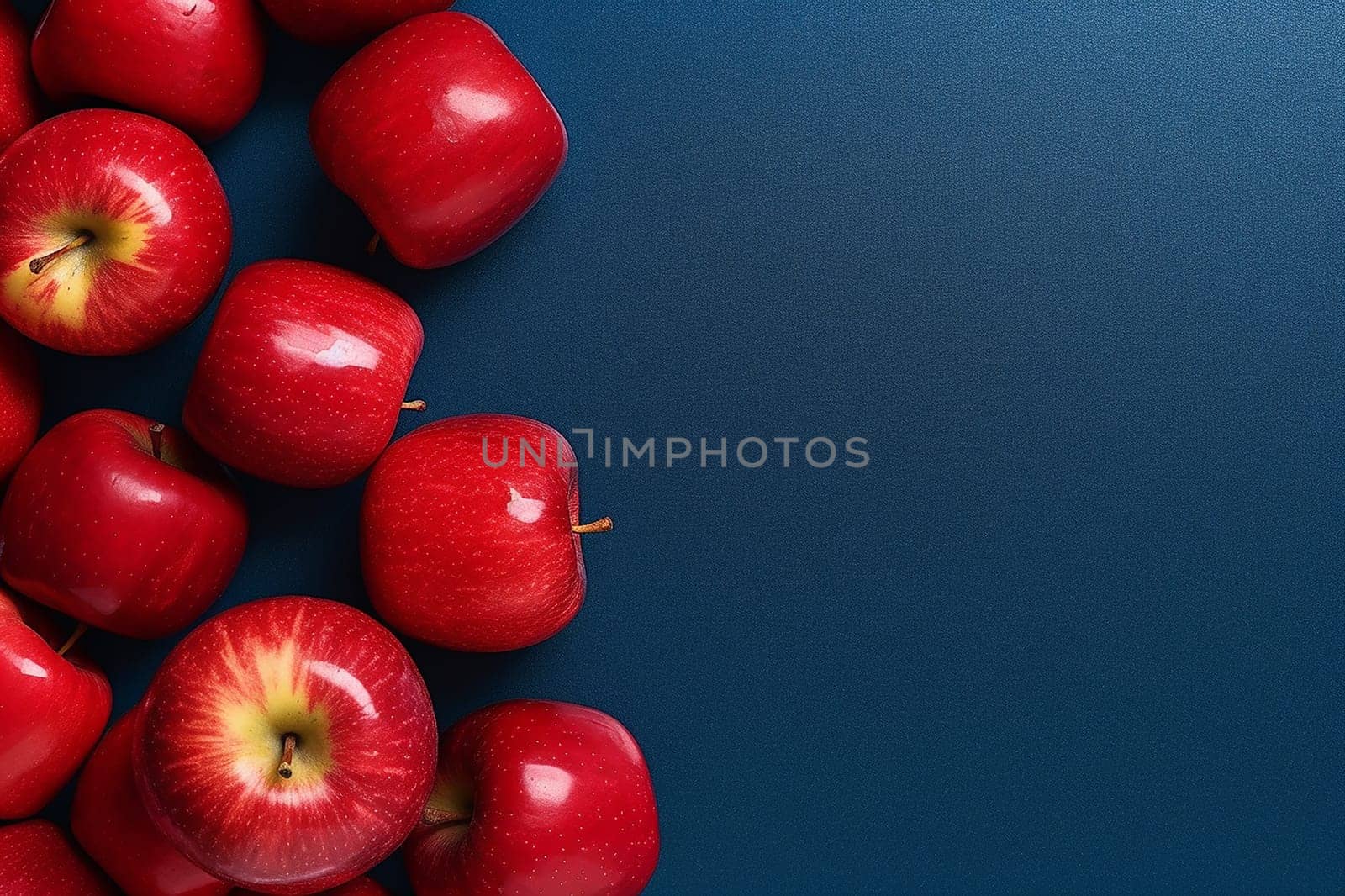 Fresh red apples arranged neatly on a dark blue background.