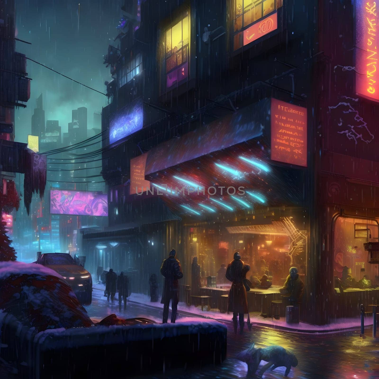 christmas night in cyberpunk city, neural network generated art. Digitally generated image. Not based on any actual scene or pattern.