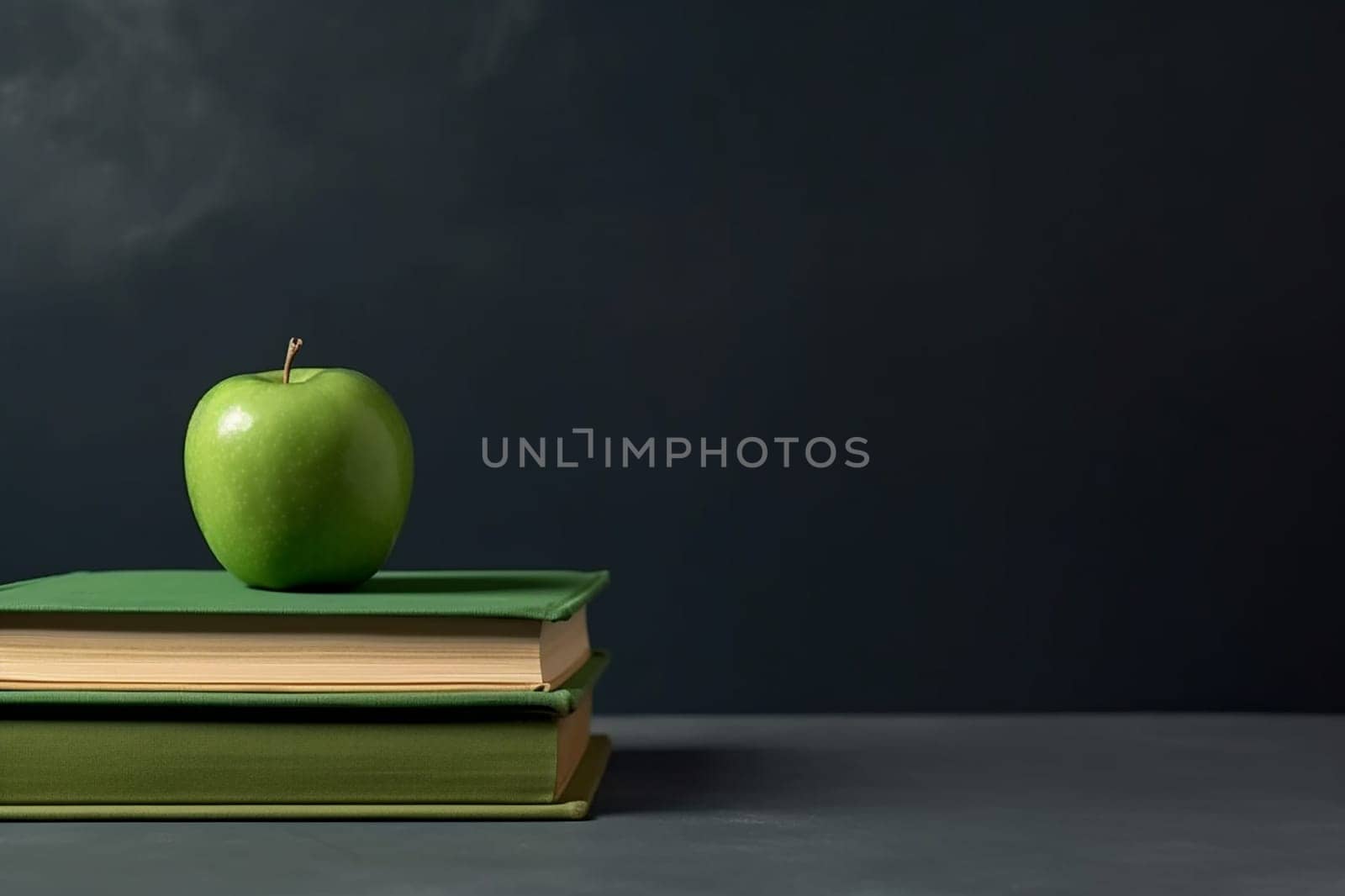 A green apple resting on two closed books on a grey background