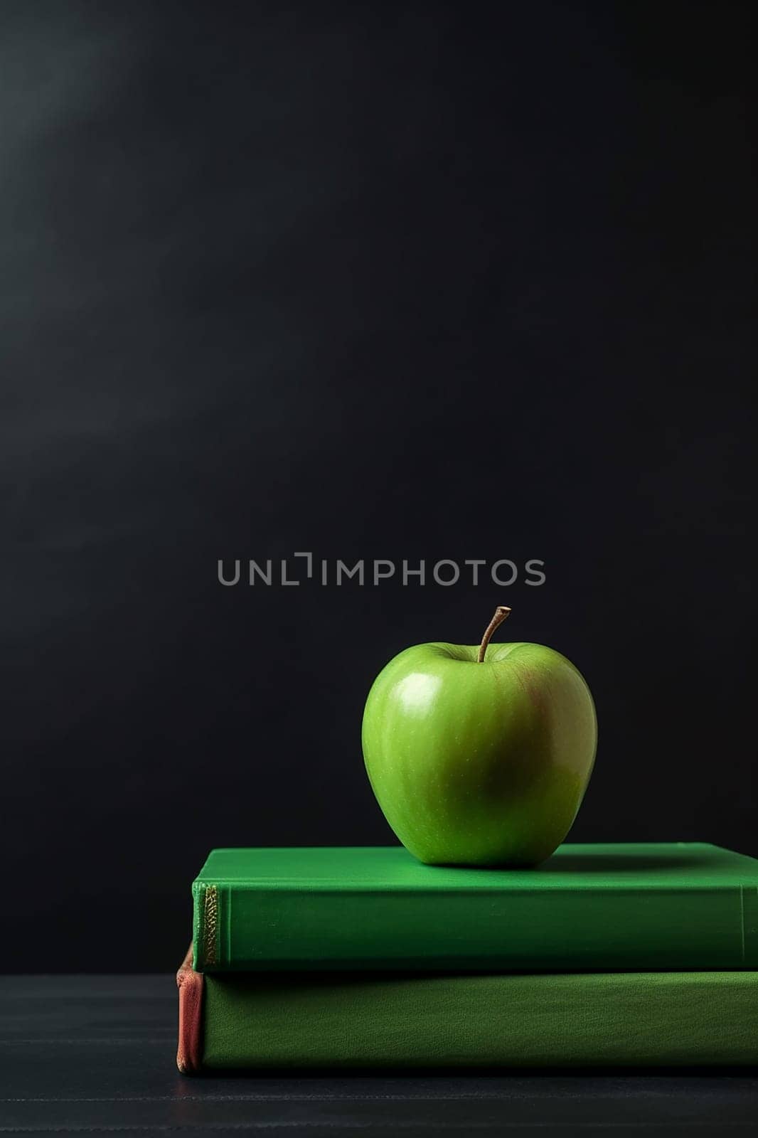 Green apple resting on two green books against a black background.