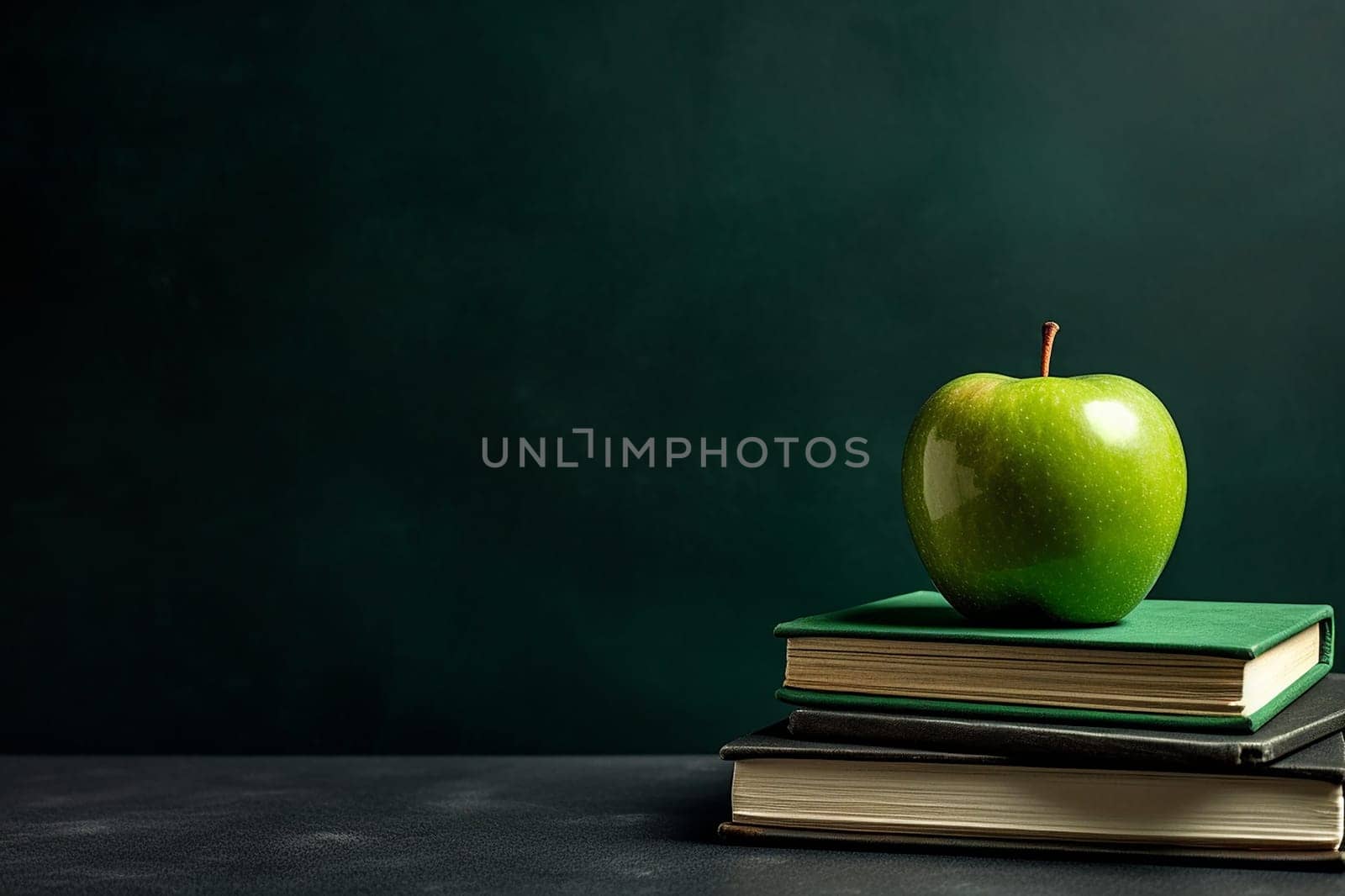 Green apple on stack of books against blackboard background.
