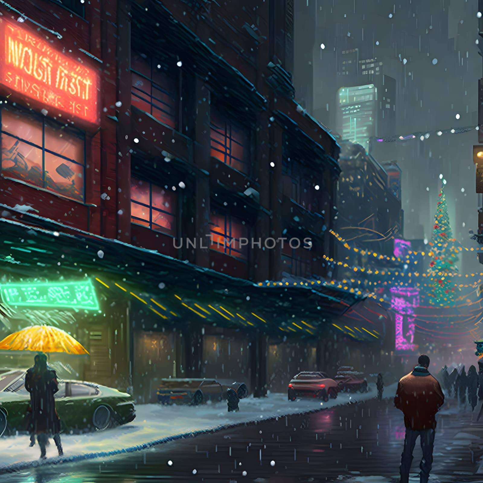 christmas night in cyberpunk city, neural network generated art. Digitally generated image. Not based on any actual scene or pattern.