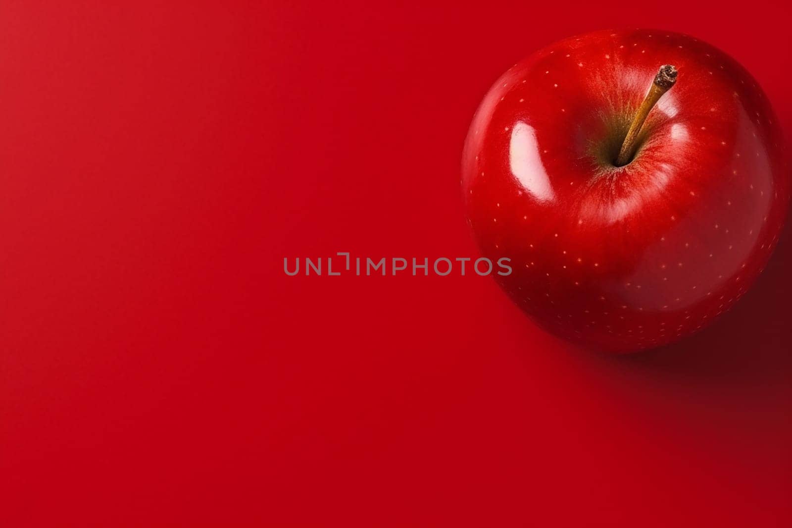 Shiny red apple on a solid red background