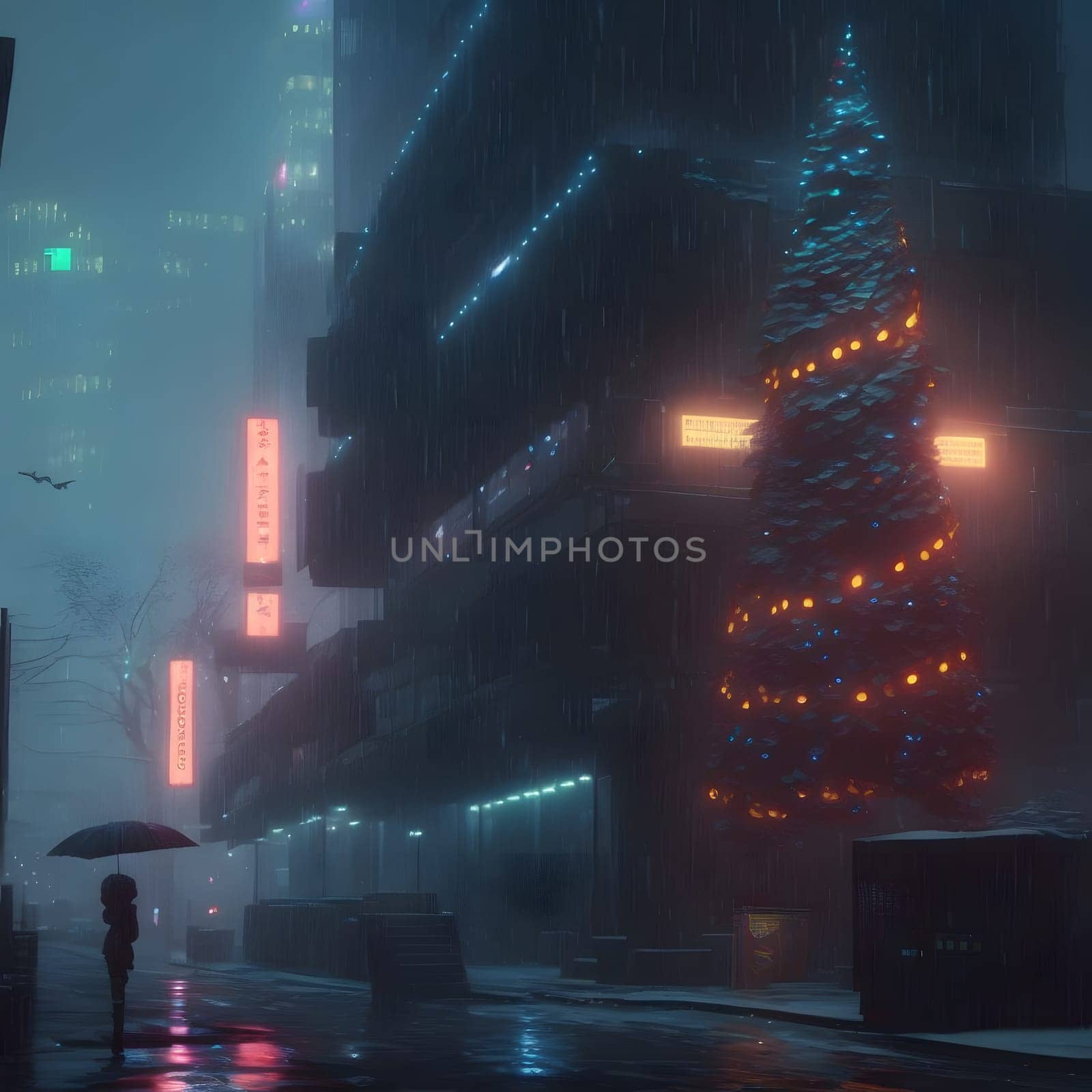 christmas night in cyberpunk city, neural network generated art. Digitally generated image. Not based on any actual scene or pattern.