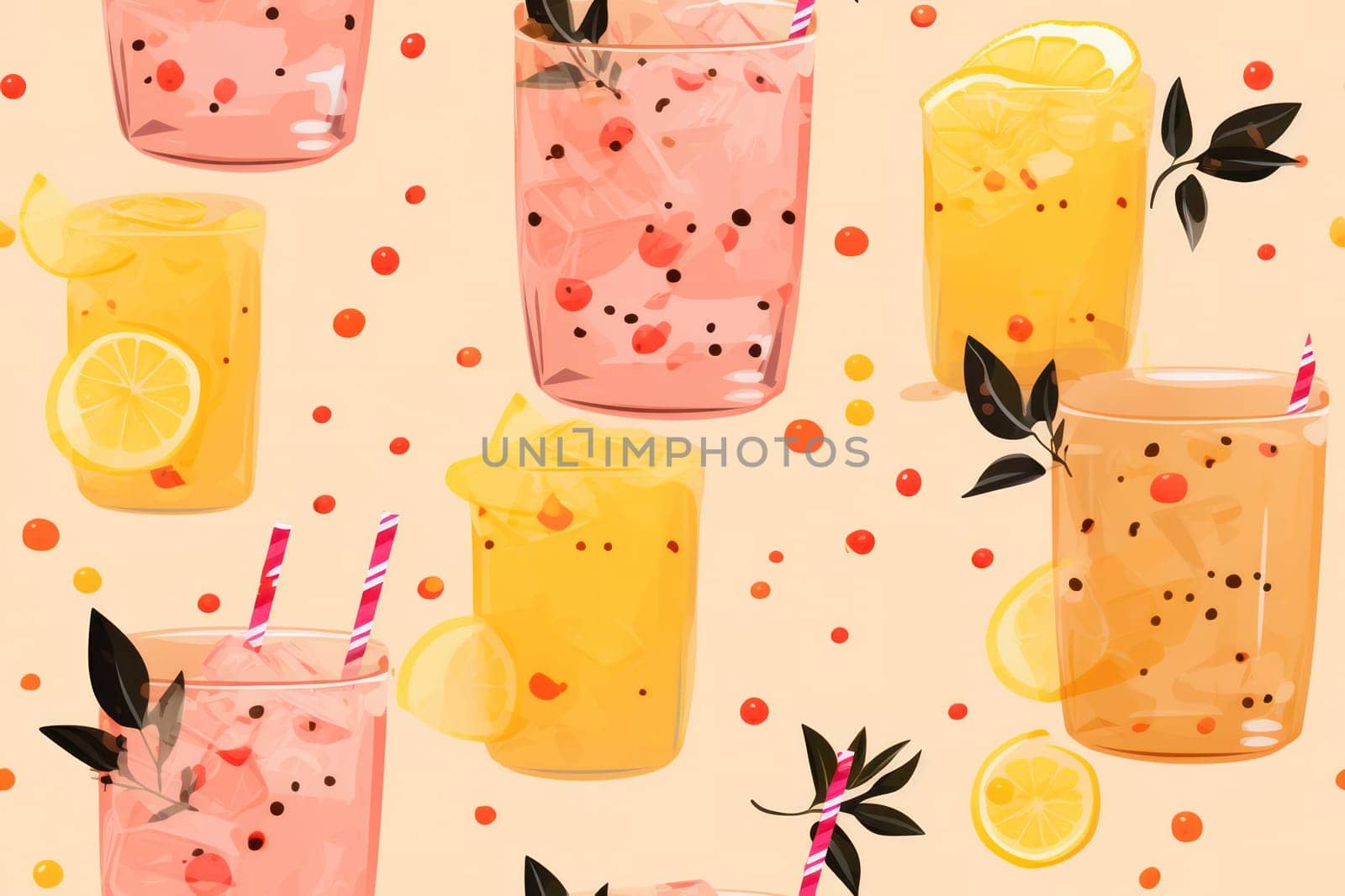 Tropical Citrus Party: Refreshing Lemonade with Fresh Fruits on Seamless Background