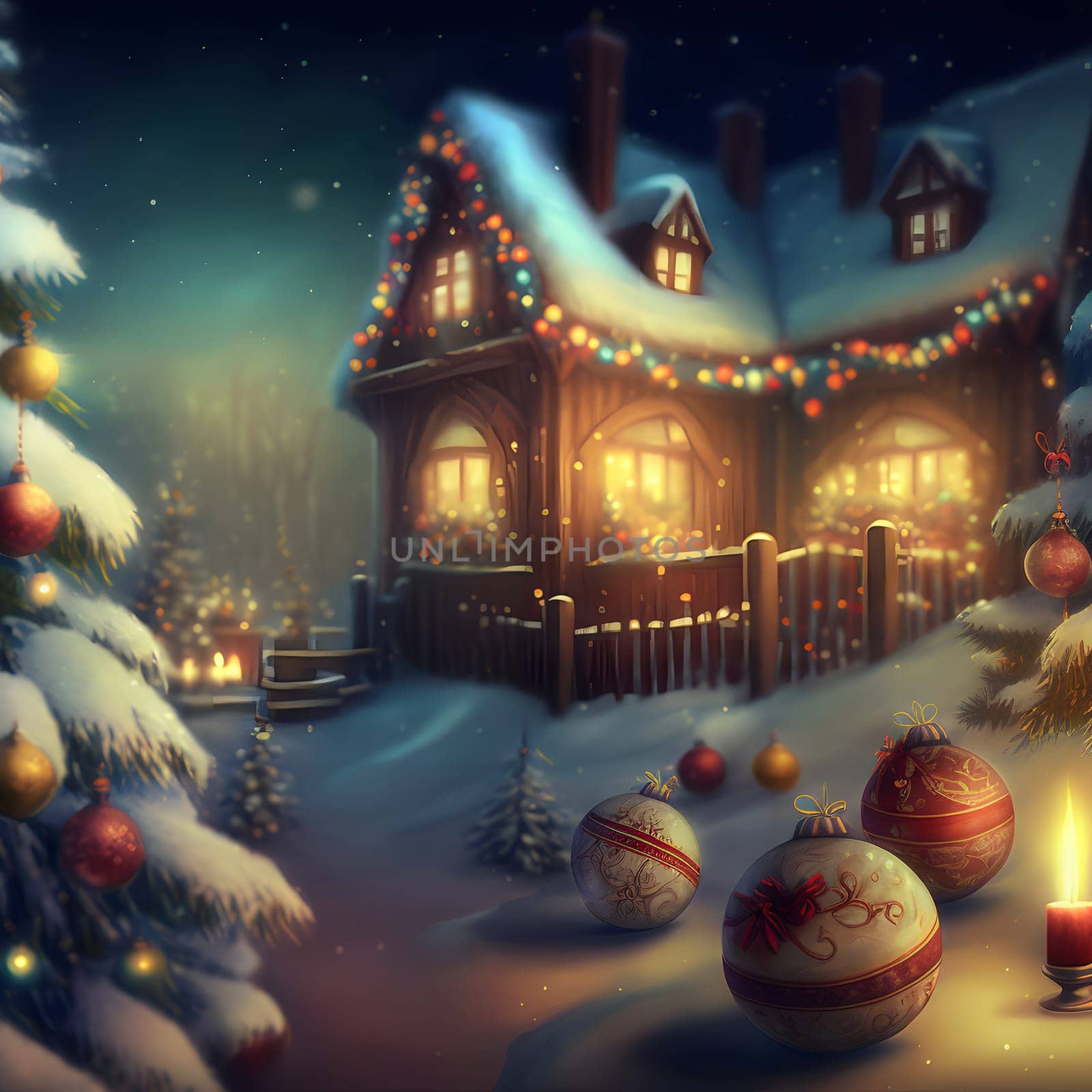 cozy fairytale winter house at snowy night, neural network generated art by z1b