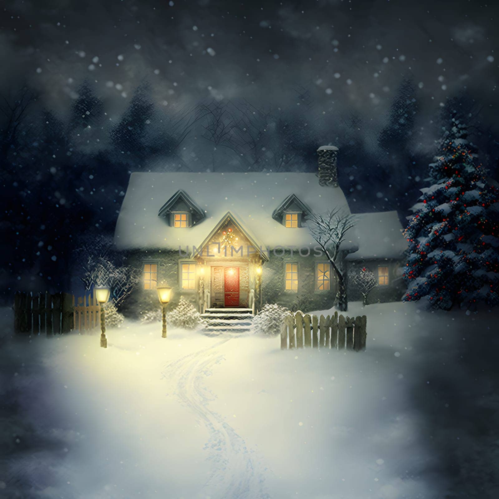 cozy fairytale winter house at snowy night, neural network generated art. Digitally generated image. Not based on any actual scene or pattern.