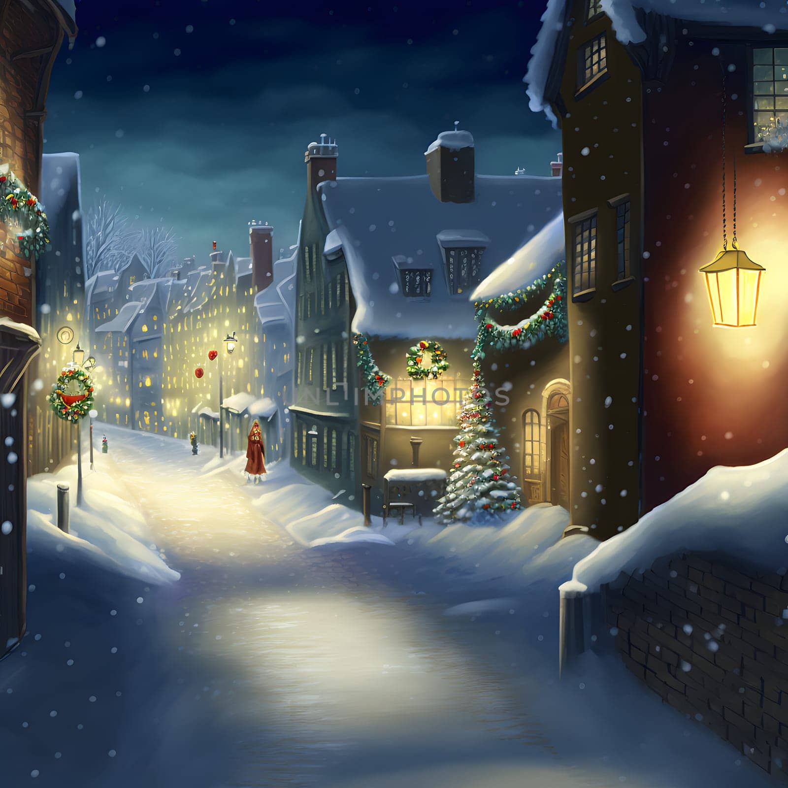 cozy fairytale winter houses at snowy night, neural network generated art by z1b