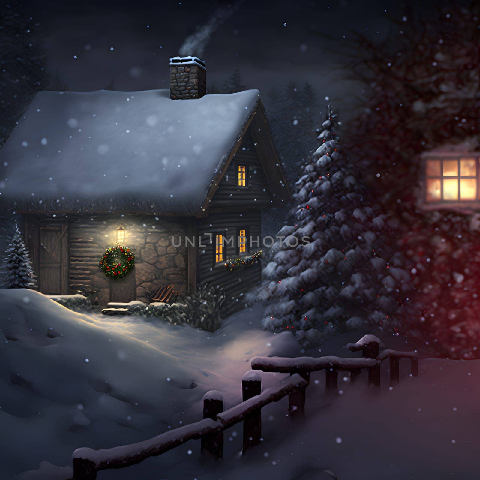 cozy fairytale winter house at snowy night, neural network generated art. Digitally generated image. Not based on any actual scene or pattern.