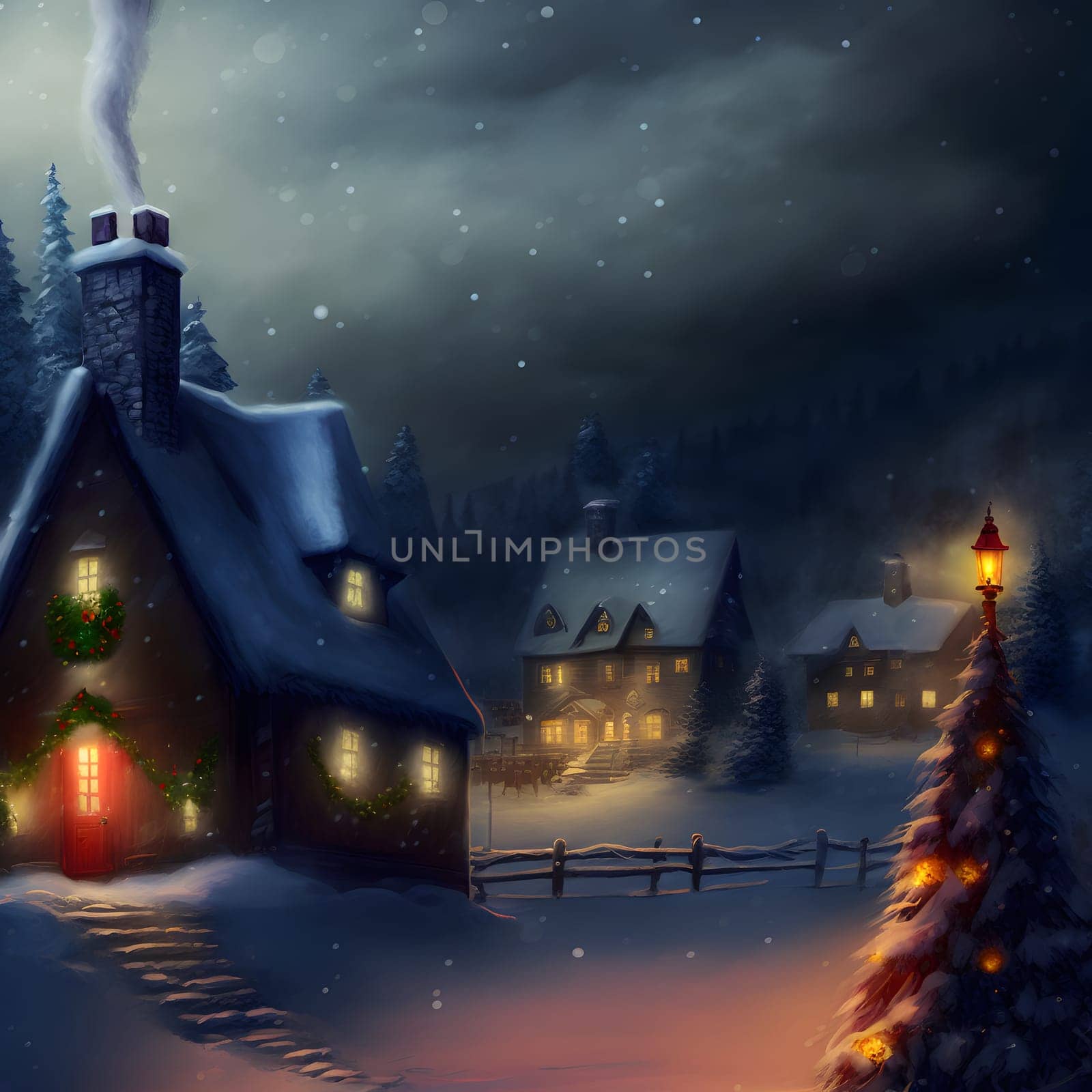 cozy fairytale winter houses at snowy night, neural network generated art by z1b