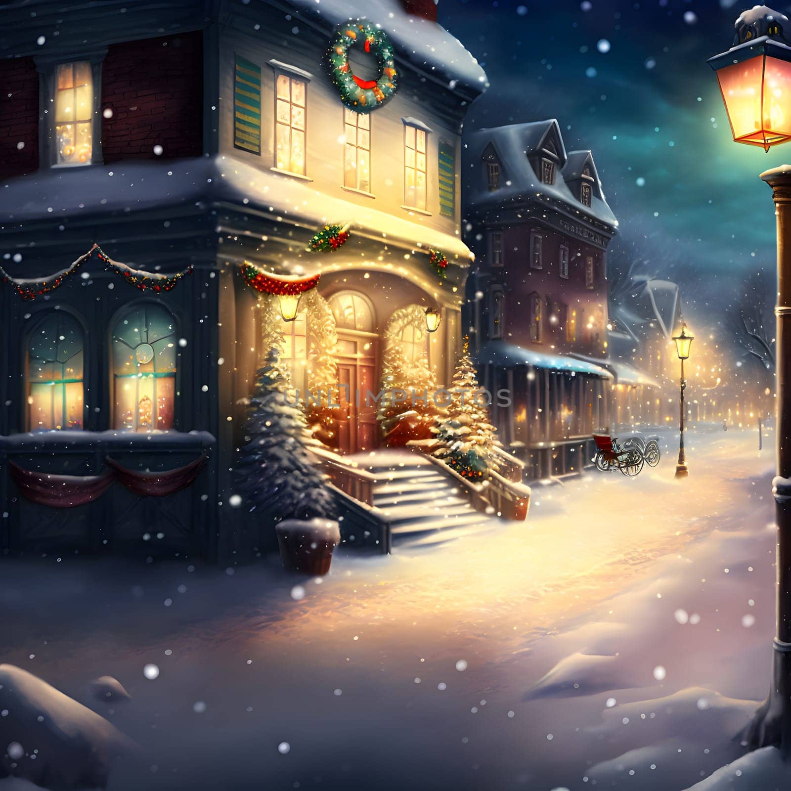 cozy fairytale winter houses at snowy night, neural network generated art by z1b