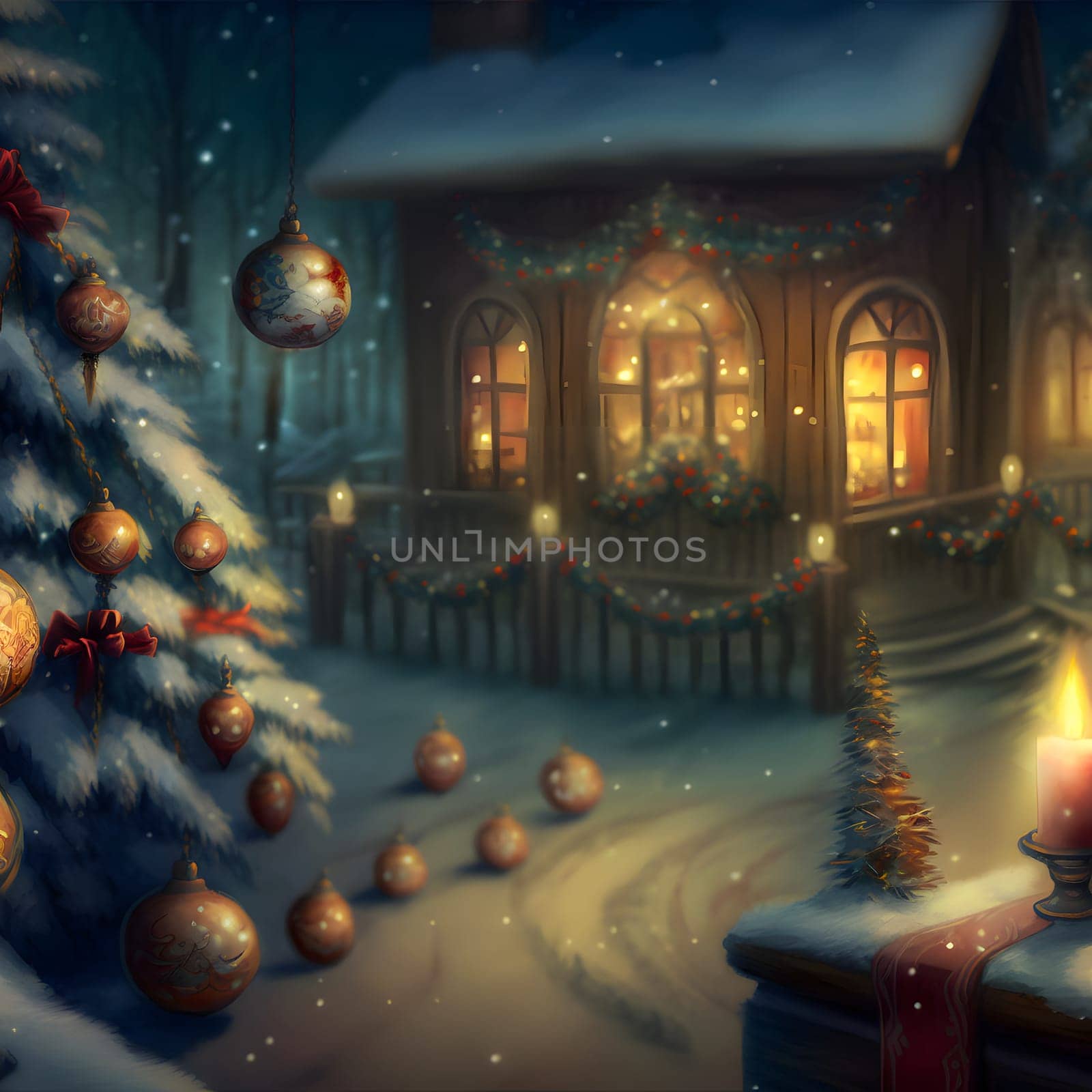 cozy fairytale winter house at snowy night, neural network generated art. Digitally generated image. Not based on any actual scene or pattern.