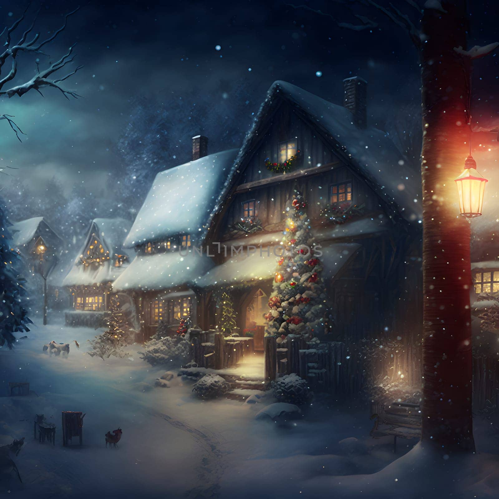 cozy fairytale winter houses at snowy night, neural network generated art by z1b