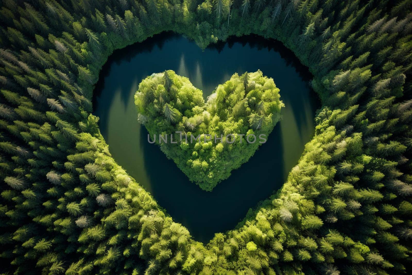 A lake and an island in the forest in the shape of a heart aerial view. Love for nature, ecology, clean nature, environmental protection. Generative AI by Gudzar