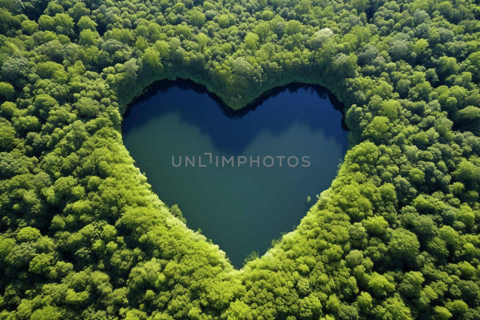 A lake and in the forest in the shape of a heart aerial view. Love for nature, ecology, clean nature, environmental protection. Generative AI.