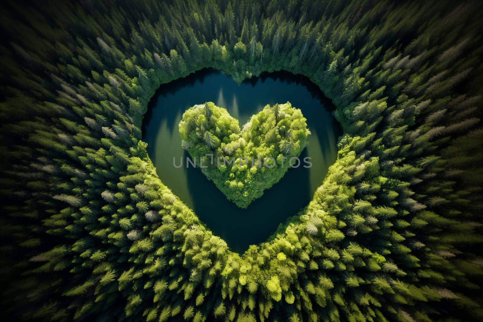 A lake and an island in the forest in the shape of a heart aerial view. Love for nature, ecology, clean nature, environmental protection. Generative AI.