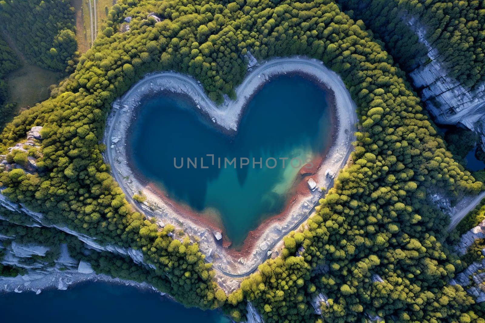 A lake in the forest in the shape of a heart aerial view. Love for nature, ecology, clean nature, environmental protection. Generative AI by Gudzar