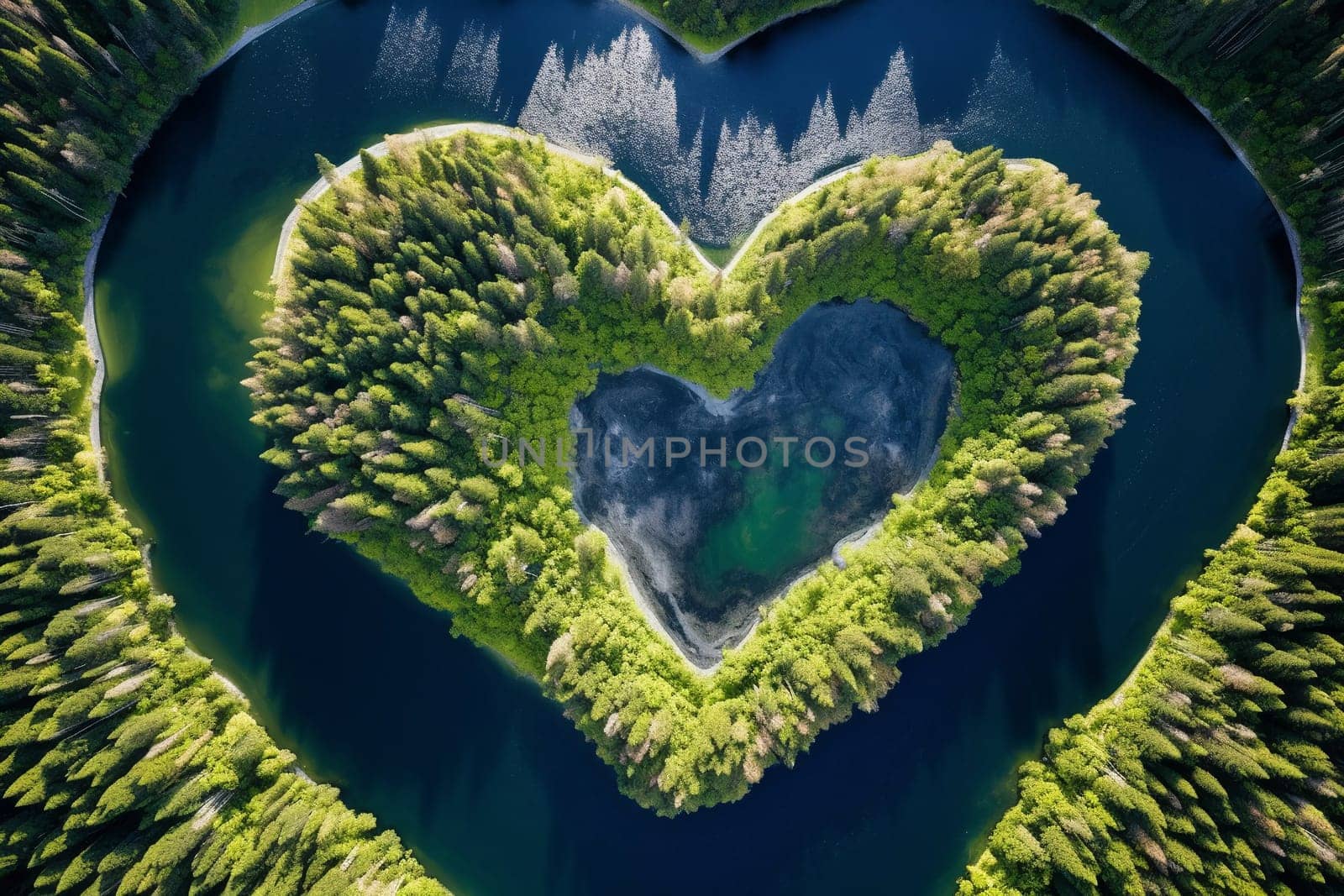 A lake and an island in the forest in the shape of a heart aerial view. Love for nature, ecology, clean nature, environmental protection. Generative AI.