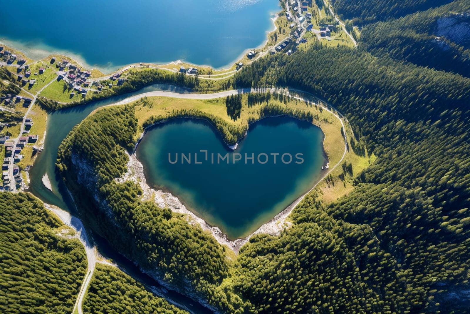 A lake in the forest in the shape of a heart aerial view. Love for nature, ecology, clean nature, environmental protection. Generative AI by Gudzar