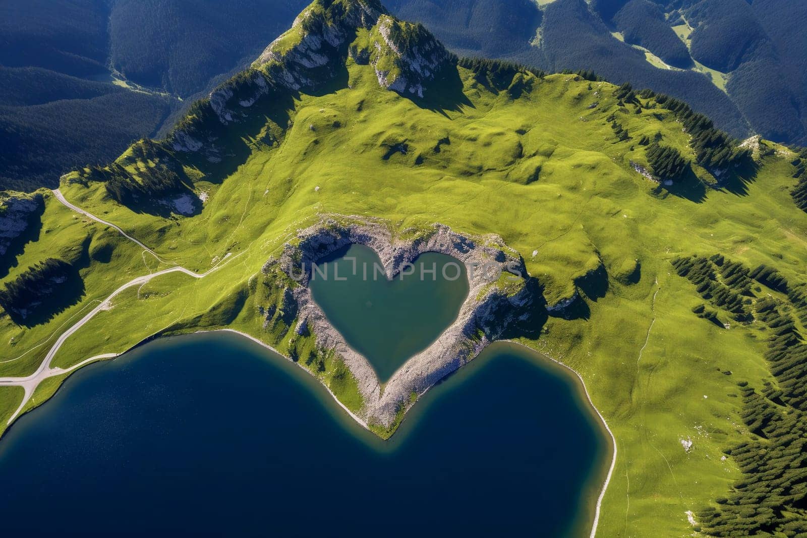 A lake in the forest in the shape of a heart aerial view. Love for nature, ecology, clean nature, environmental protection. Generative AI by Gudzar
