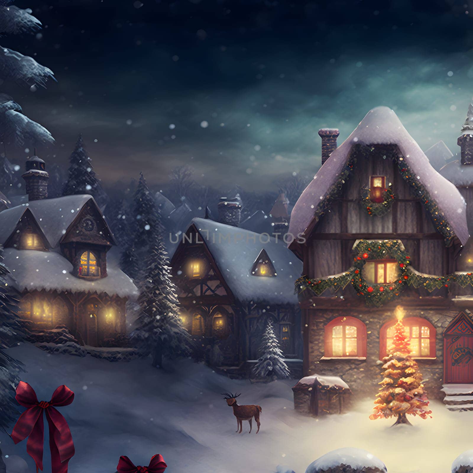 cozy fairytale winter houses at snowy night, neural network generated art by z1b