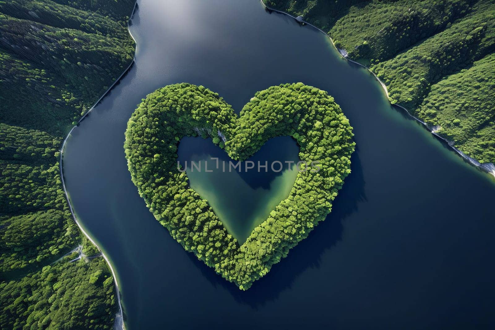 A lake and an island in the forest in the shape of a heart aerial view. Love for nature, ecology, clean nature, environmental protection. Generative AI.