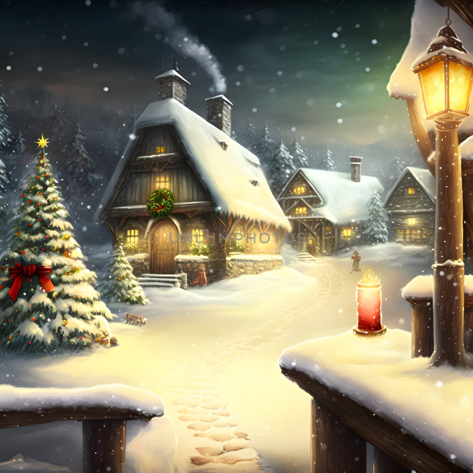 cozy fairytale winter houses at snowy night, neural network generated art by z1b