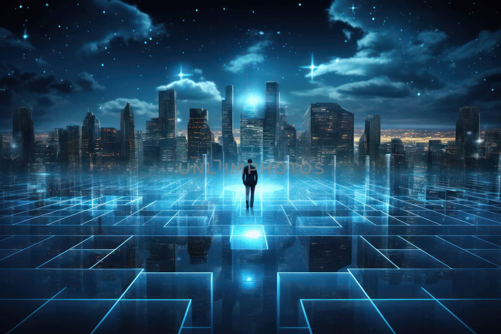 Urban Success: A Futuristic Cityscape with Businessman Walking Towards Career Achievement in the Digital Age by Vichizh