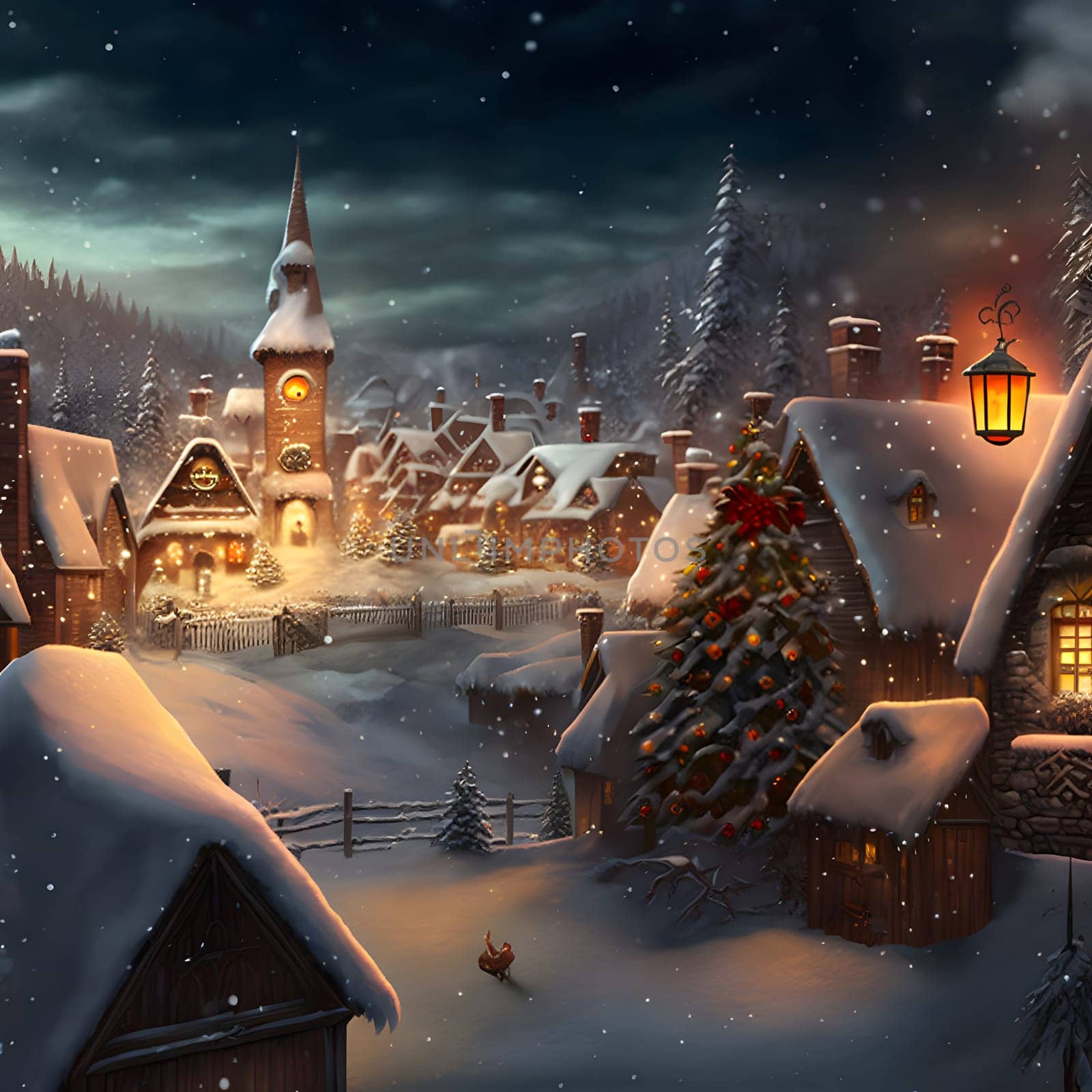 cozy fairytale winter houses at snowy night, neural network generated art by z1b