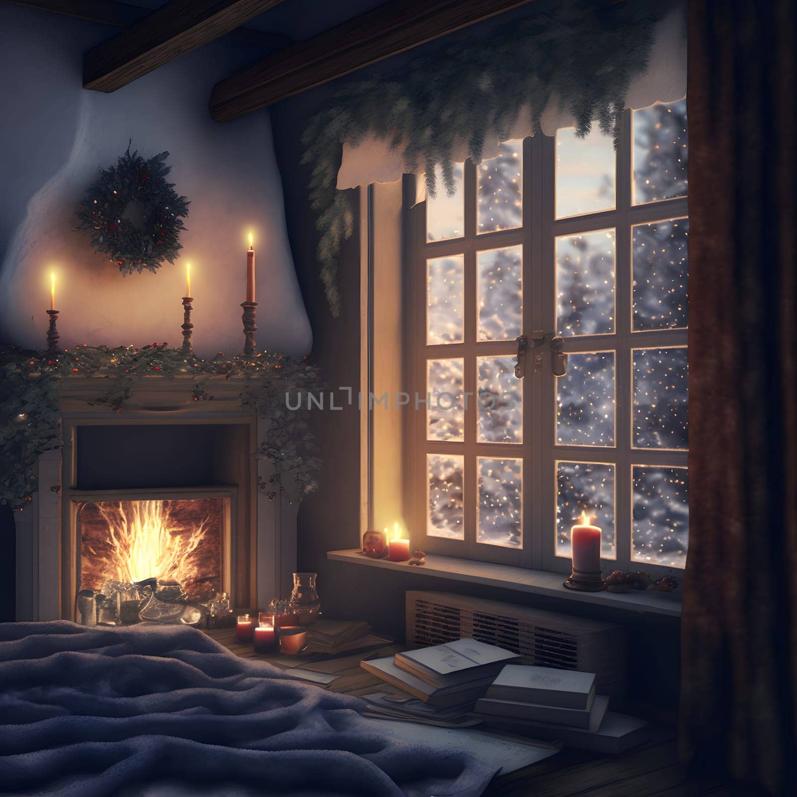 cozy christmas interior with large window, bed, fireplace and candles, neural network generated art by z1b