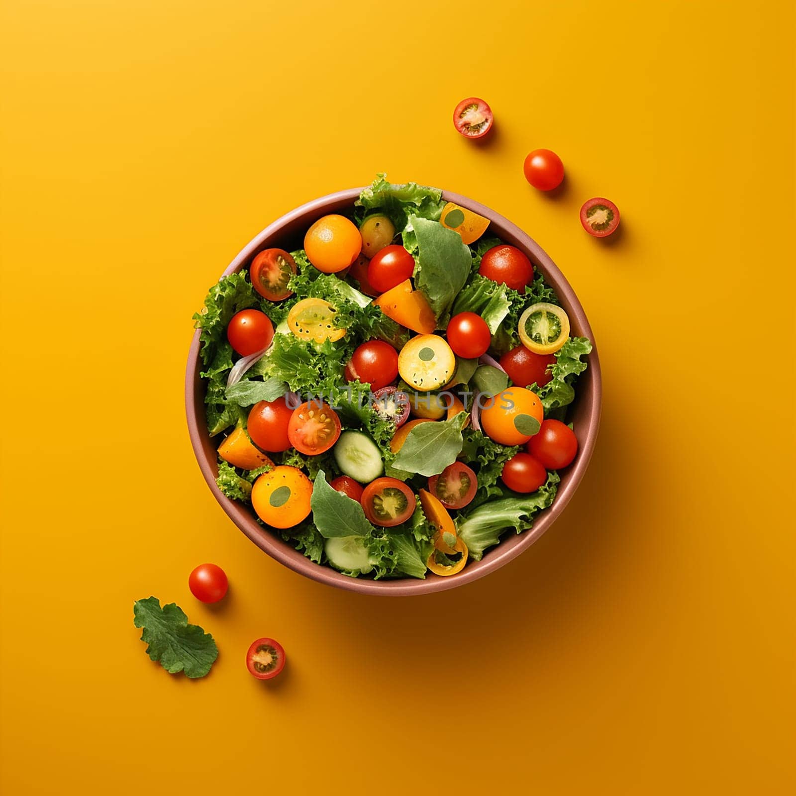 Fresh vibrant salad with assorted vegetables on yellow background