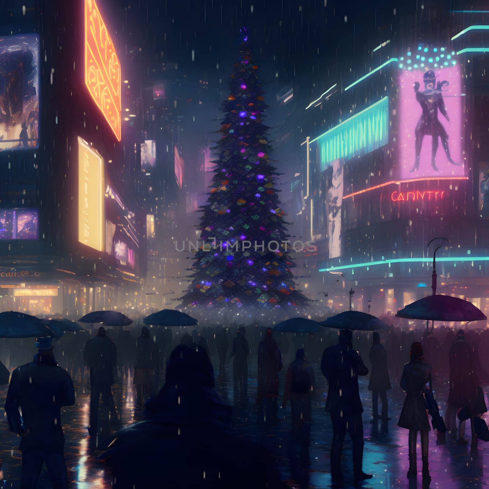 cyberpunk neon illuminated city street at christmas night with crowd of people and large xmas tree, picture produced by neural network from scratch using text query