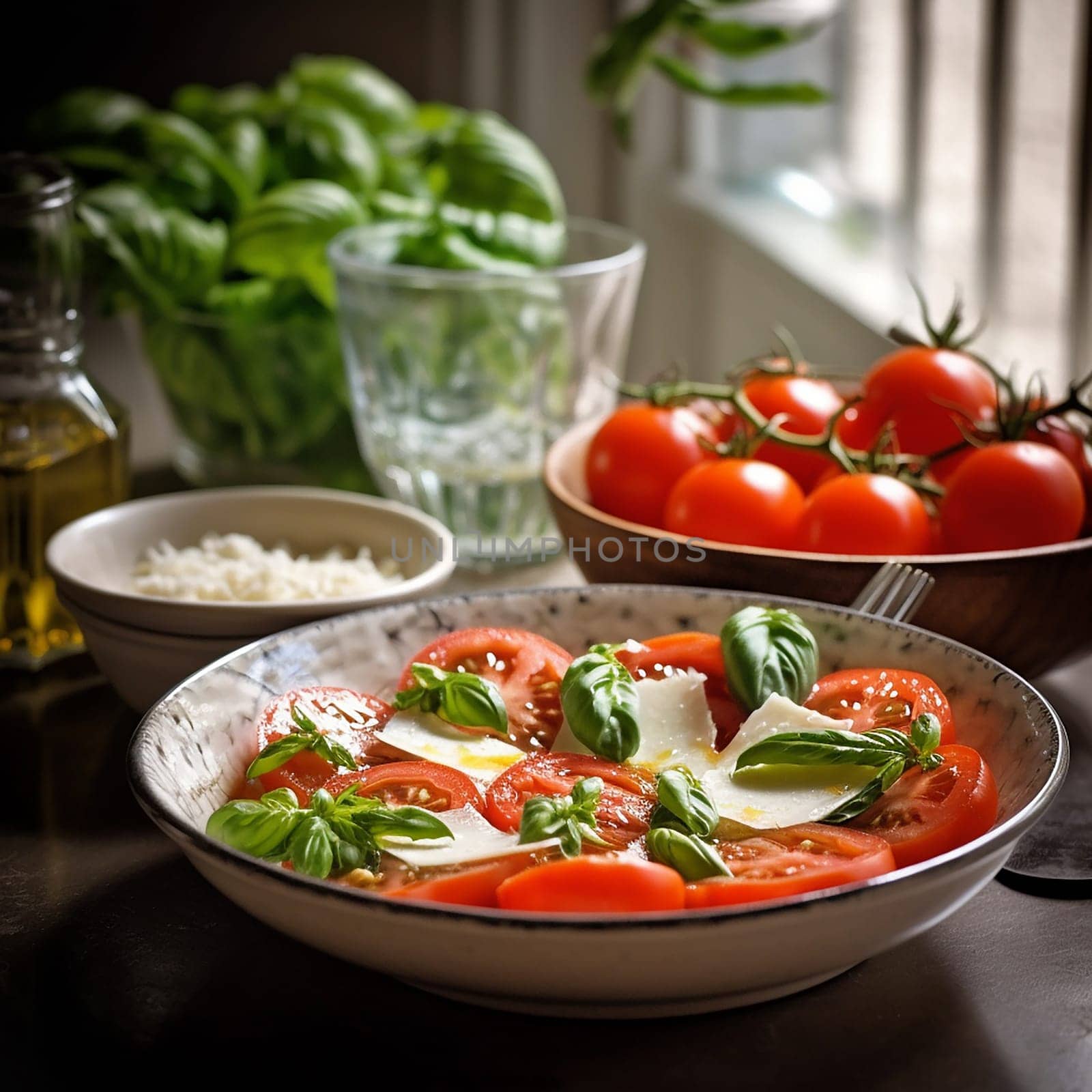 Fresh tomato and basil salad with mozzarella on a table.